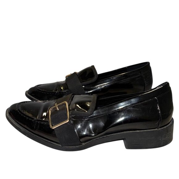 ZARA Vegan Patent Leather Loafers 38 7.5 Low Heel Buckle Detail Goth Preppy Faux - Picture 5 of 16